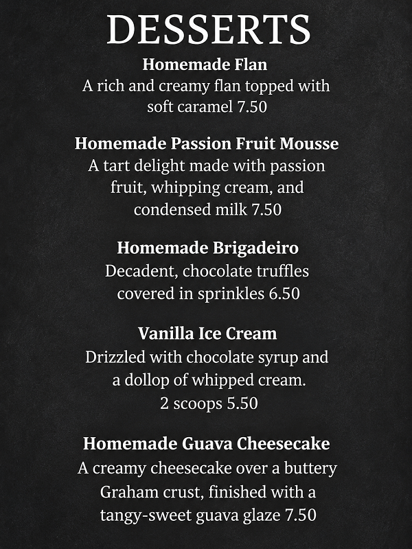 dessert menu